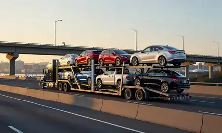 Car transporter with the Bremerton, Washington, United States skyline behind it