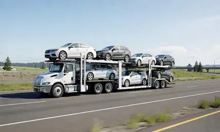 Multi-level car carrier on the highway to Burien, Washington, United States