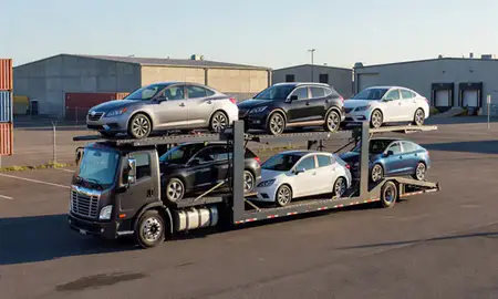 Car transporter loaded with vehicles in Burien, Washington, United States