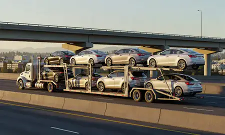 Car transporter with the Burien, Washington, United States skyline behind it