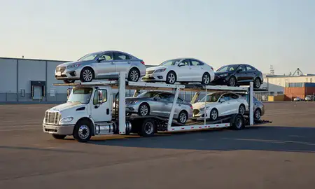 Car transporter loaded with vehicles in Everett, Washington, United States