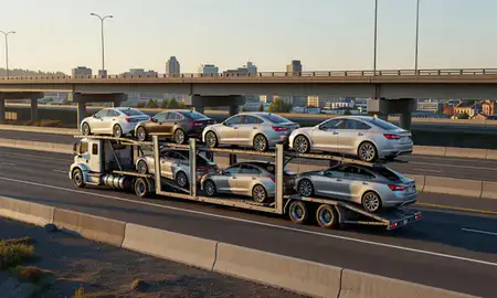 Car transporter with the Everett, Washington, United States skyline behind it