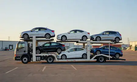 Car transporter loaded with vehicles in Federal Way, Washington, United States