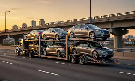 Car transporter with the Federal Way, Washington, United States skyline behind it