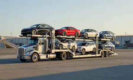 Car transporter loaded with vehicles in Kennewick, Washington, United States
