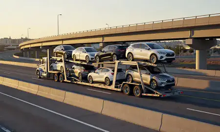 Car transporter with the Kennewick, Washington, United States skyline behind it