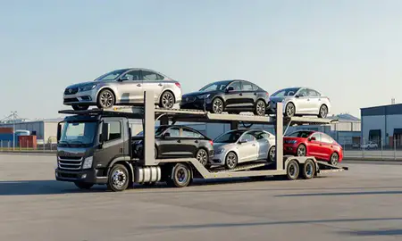 Car transporter loaded with vehicles in Kent, Washington, United States