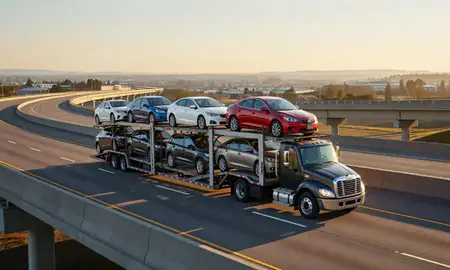 Car transporter with the Kent, Washington, United States skyline behind it