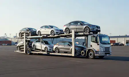 Car transporter loaded with vehicles in Kirkland, Washington, United States