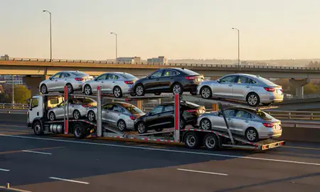 Car transporter with the Kirkland, Washington, United States skyline behind it