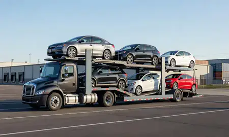 Car transporter loaded with vehicles in Lacey, Washington, United States