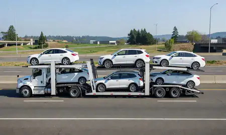 Multi-level car carrier on the highway to Lakewood, Washington, United States