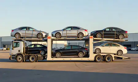 Car transporter parked in an industrial area of Lakewood, Washington, United States