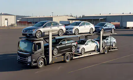Car transporter loaded with vehicles in Lakewood, Washington, United States