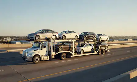 Car transporter with the Lakewood, Washington, United States skyline behind it