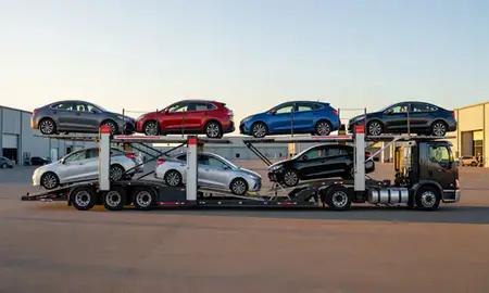 Car transporter parked in an industrial area of Longview, Washington, United States