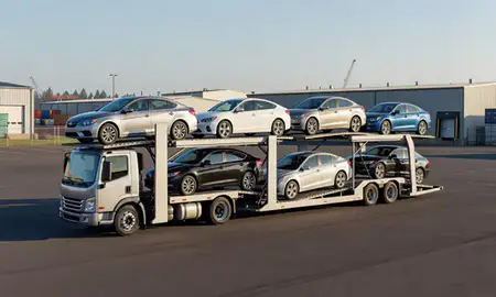 Car transporter loaded with vehicles in Longview, Washington, United States