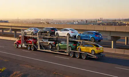 Car transporter with the Longview, Washington, United States skyline behind it