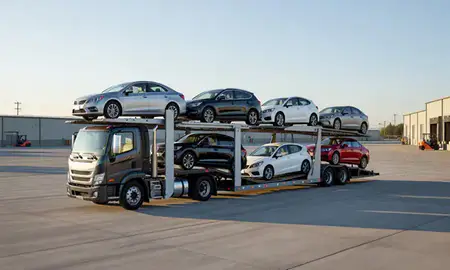 Car transporter loaded with vehicles in Marysville, Washington, United States
