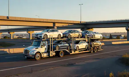 Car transporter with the Marysville, Washington, United States skyline behind it