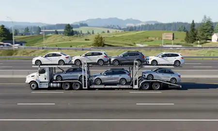 Multi-level car carrier on the highway to Mount Vernon, Washington, United States