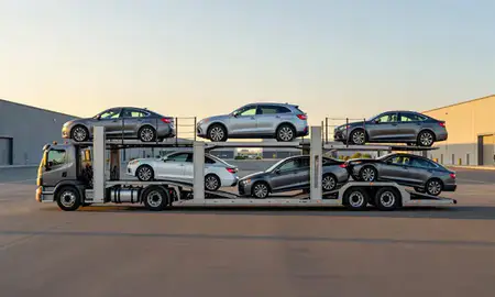 Car transporter parked in an industrial area of Mount Vernon, Washington, United States