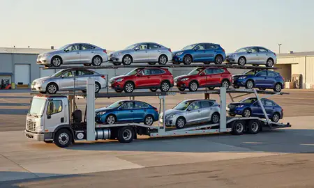Car transporter loaded with vehicles in Mount Vernon, Washington, United States