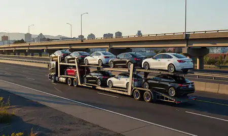 Car transporter with the Mount Vernon, Washington, United States skyline behind it