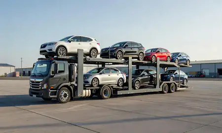 Car transporter loaded with vehicles in Olympia, Washington, United States