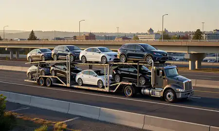 Car transporter with the Olympia, Washington, United States skyline behind it