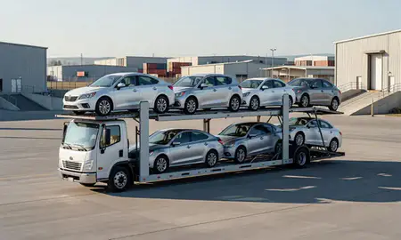 Car transporter loaded with vehicles in Pasco, Washington, United States