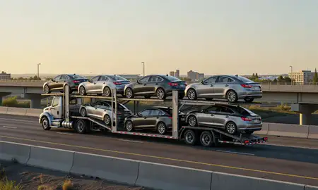 Car transporter with the Pasco, Washington, United States skyline behind it