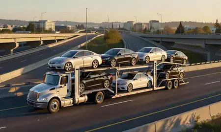 Car transporter with the Redmond, Washington, United States skyline behind it