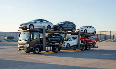 Car transporter loaded with vehicles in Renton, Washington, United States