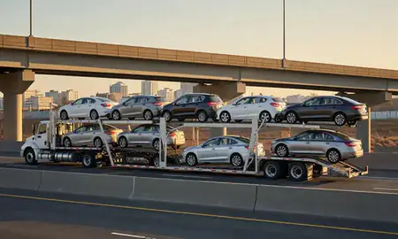 Car transporter with the Renton, Washington, United States skyline behind it