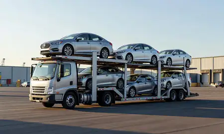 Car transporter loaded with vehicles in Richland, Washington, United States