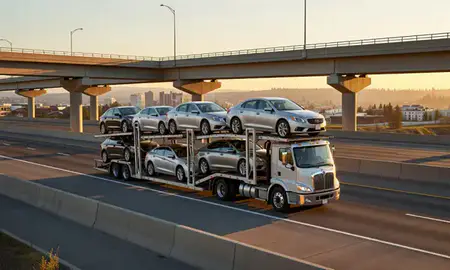 Car transporter with the Richland, Washington, United States skyline behind it