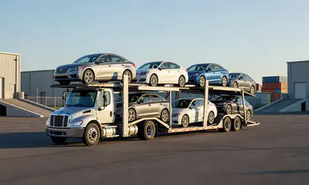 Car transporter loaded with vehicles in Sammamish, Washington, United States
