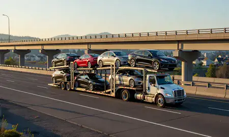 Car transporter with the Sammamish, Washington, United States skyline behind it