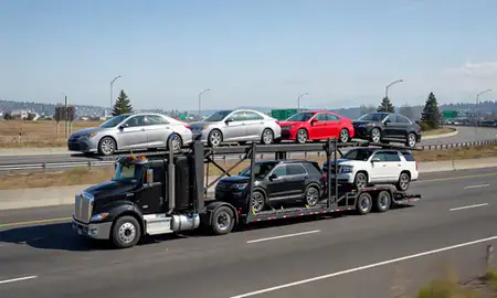 Multi-level car carrier on the highway to Seattle, Washington, United States