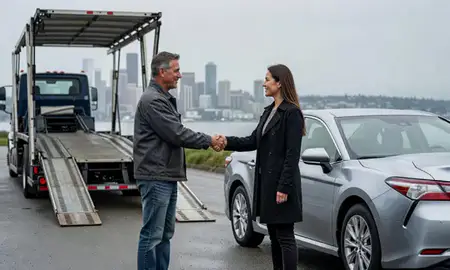 Vehicle owner beside their delivered car in Seattle, Washington, United States