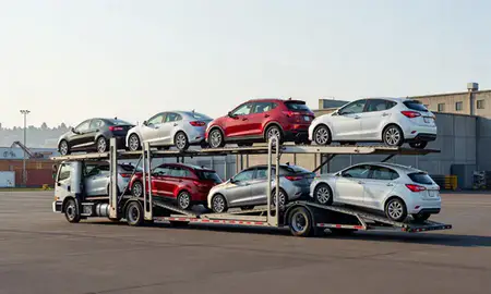 Car transporter loaded with vehicles in Seattle, Washington, United States