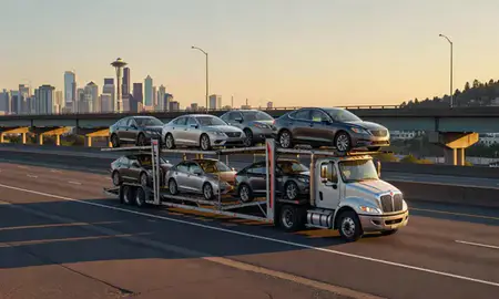 Car transporter with the Seattle, Washington, United States skyline behind it