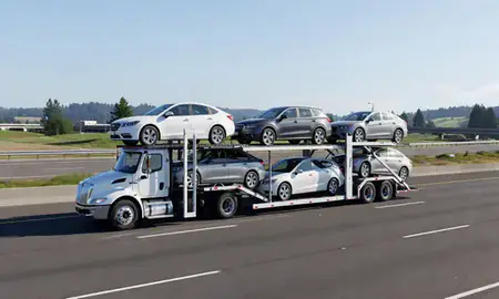 Multi-level car carrier on the highway to Shoreline, Washington, United States