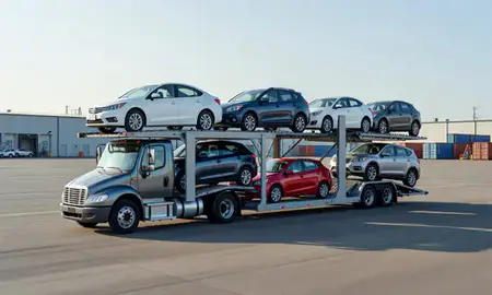 Car transporter loaded with vehicles in Shoreline, Washington, United States