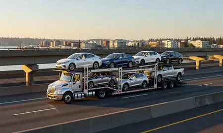 Car transporter with the Shoreline, Washington, United States skyline behind it