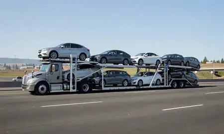 Multi-level car carrier on the highway to South Hill, Washington, United States
