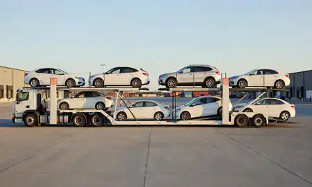 Car transporter parked in an industrial area of South Hill, Washington, United States