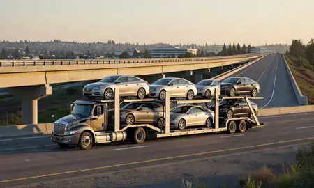 Car transporter with the South Hill, Washington, United States skyline behind it
