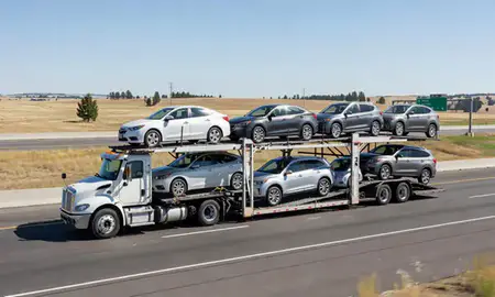 Multi-level car carrier on the highway to Spokane Valley, Washington, United States